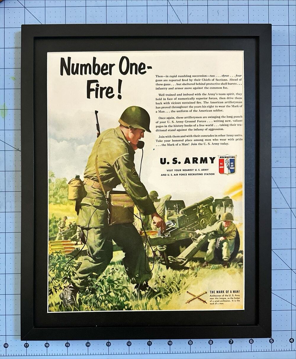 Framed Magazine Ad 1951 U.S. Army Recruiting Number One - Fire!